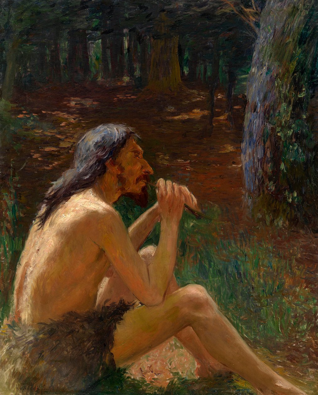 Caveman hrající na flétnu - Obraz Konstantina Pavloviče Kuzněcova (1863-1936), olej na plátně (95x77 cm), ruské umění 19.-20. století - Soukromá sbírka od Konstantin Pavlovich Kuznetsov