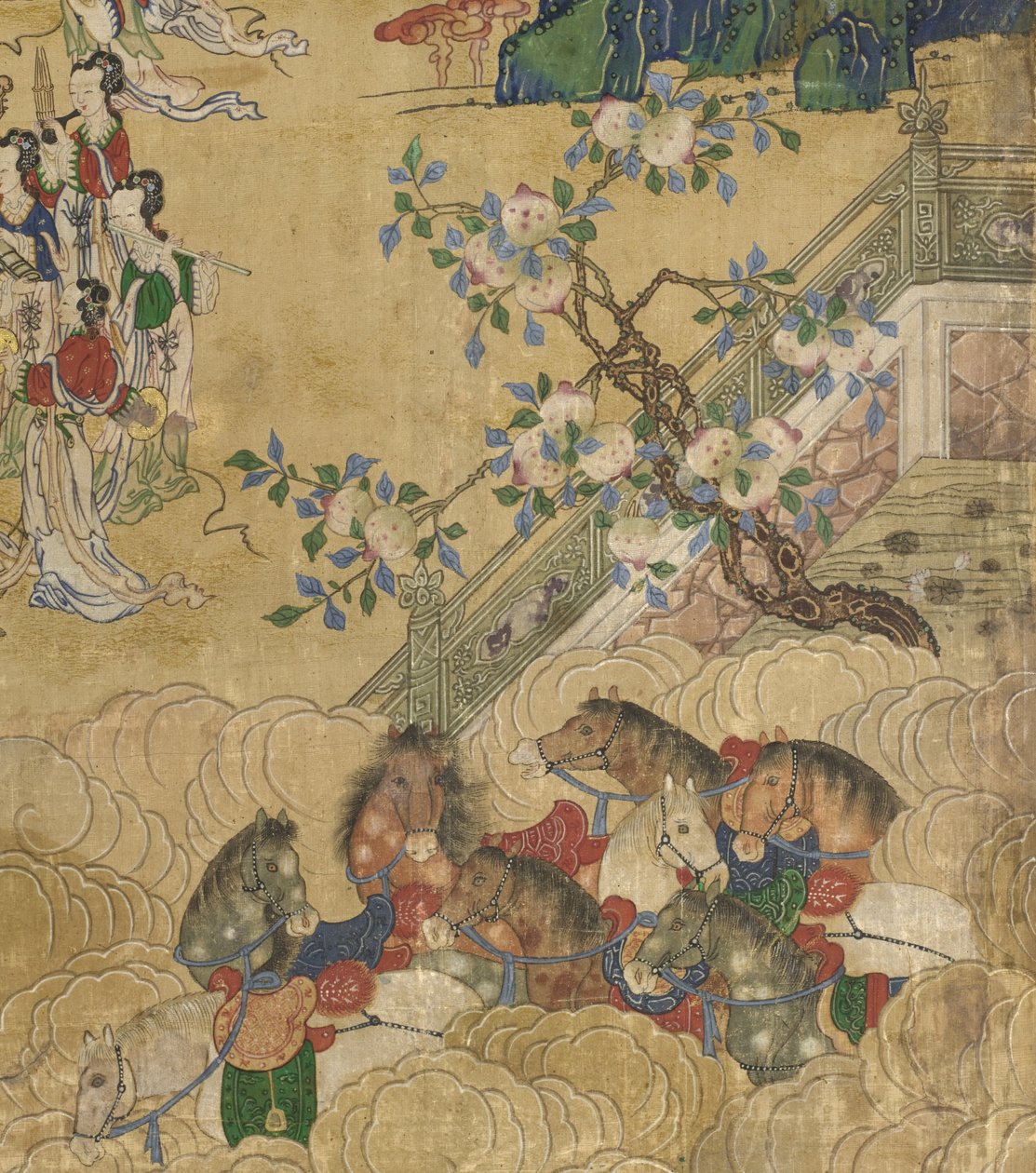 Detail z obrazu Hostina v Seowangmo, kolem roku 1800 (tuš, barva a zlato na hedvábí) od Korean School