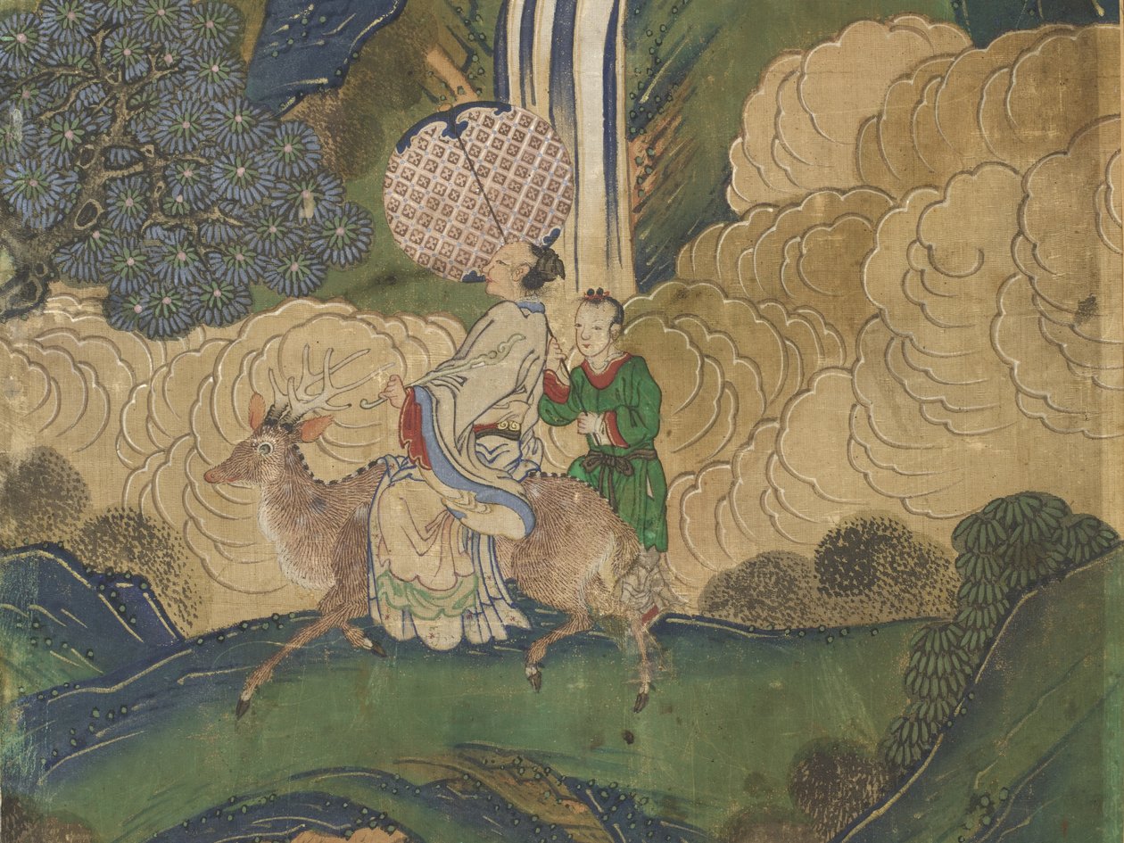 Příchod hosta, detail z obrazu Hostina v Seowangmo, kolem roku 1800 (tuš, barva a zlato na hedvábí) od Korean School