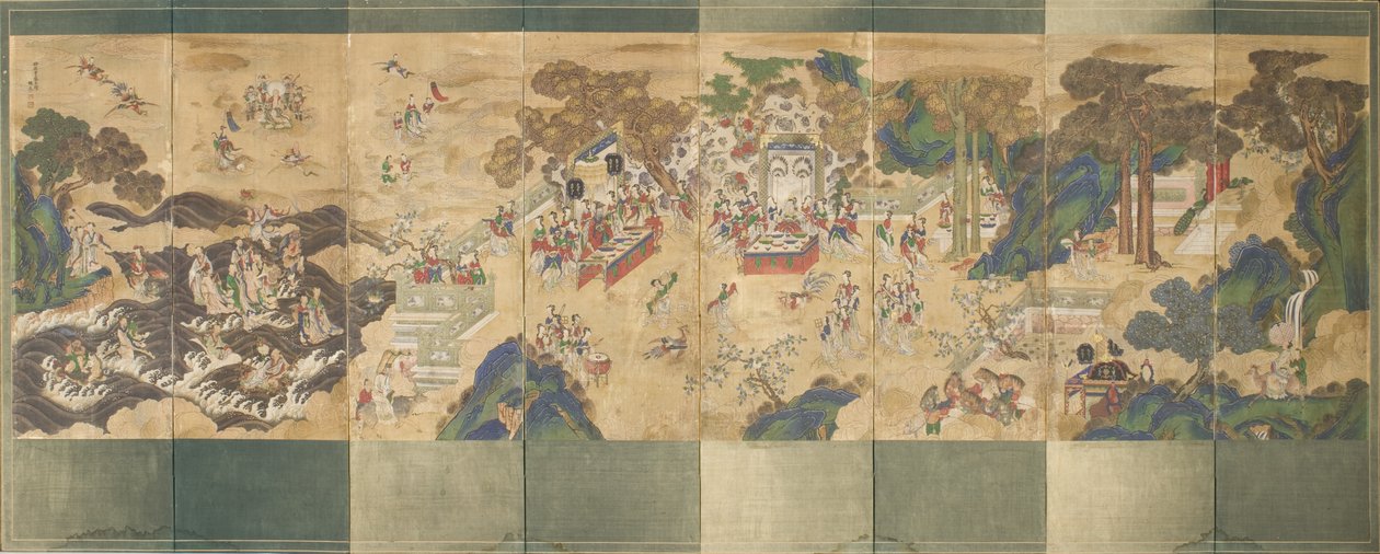 Hostina v Seowangmo, kolem roku 1800 (tuš, barva a zlato na hedvábí) od Korean School