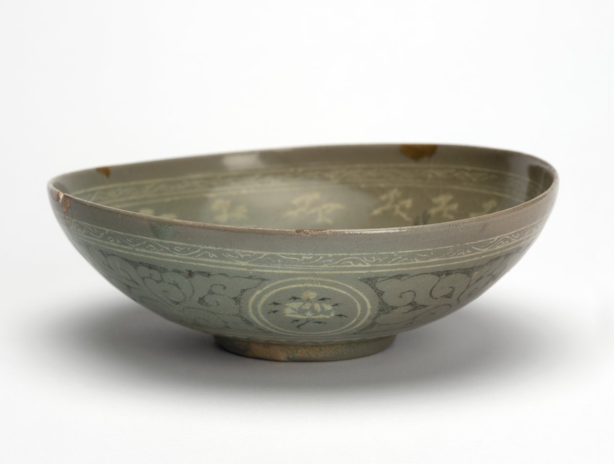 Mísa s jeřáby a mraky, cca 1150-1200 (celadonově glazovaná kamenina) od Korean School