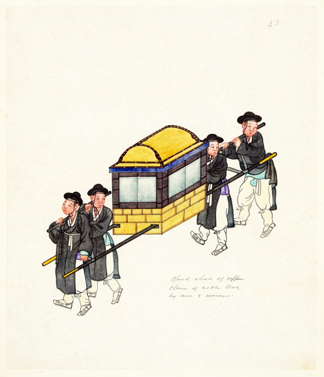 Příklad uzavřeného Palanquina, vydáno kolem roku 1890 (ručně kolorovaná rytina) od Korean School