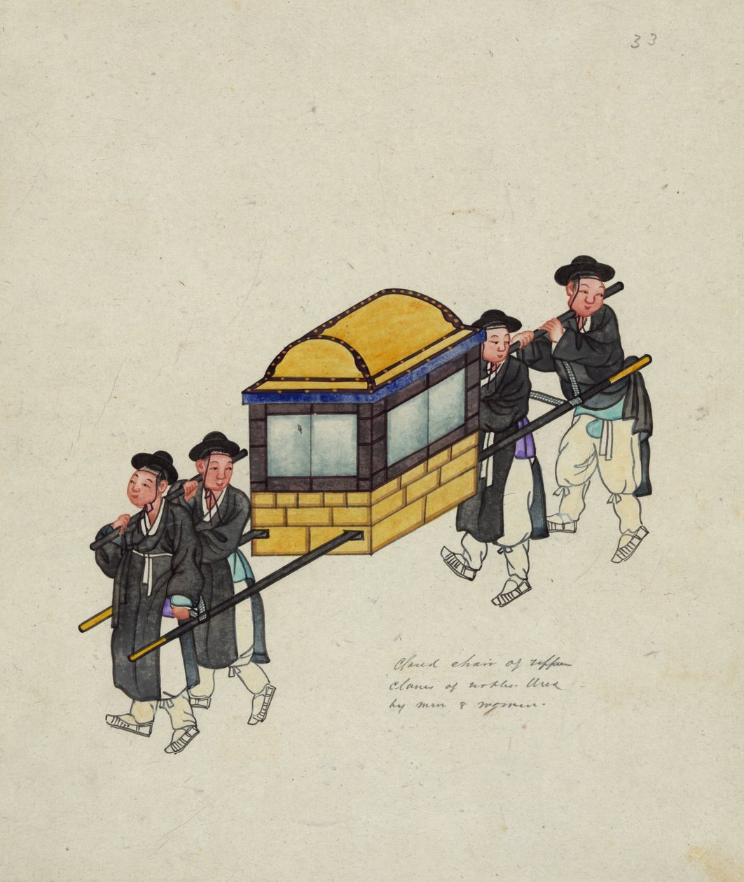 Čtyři nosiči nesoucí úředníka v "gama" nebo nosítkách, kolem roku 1890 od Korean School