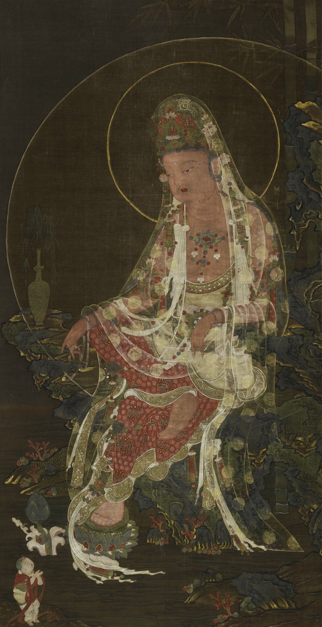Závěsný svitek znázorňující bódhisattvu Avalokiteshvaru z vrbové větve (Kwanseûm Posal) sedícího v Rajské zahradě, dynastie Koryó (inkoust, barva a zlato na hedvábí) od Korean School