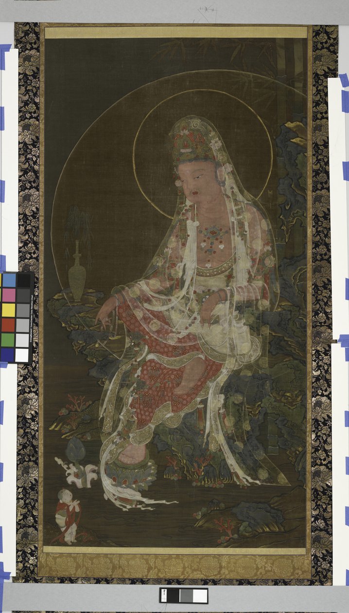 Vrba Bódhisattva Avalokiteshvara (Kwanseûm Posal) sedící v rajské zahradě, dynastie Koryo (inkoust, barva a zlato na hedvábí) od Korean School