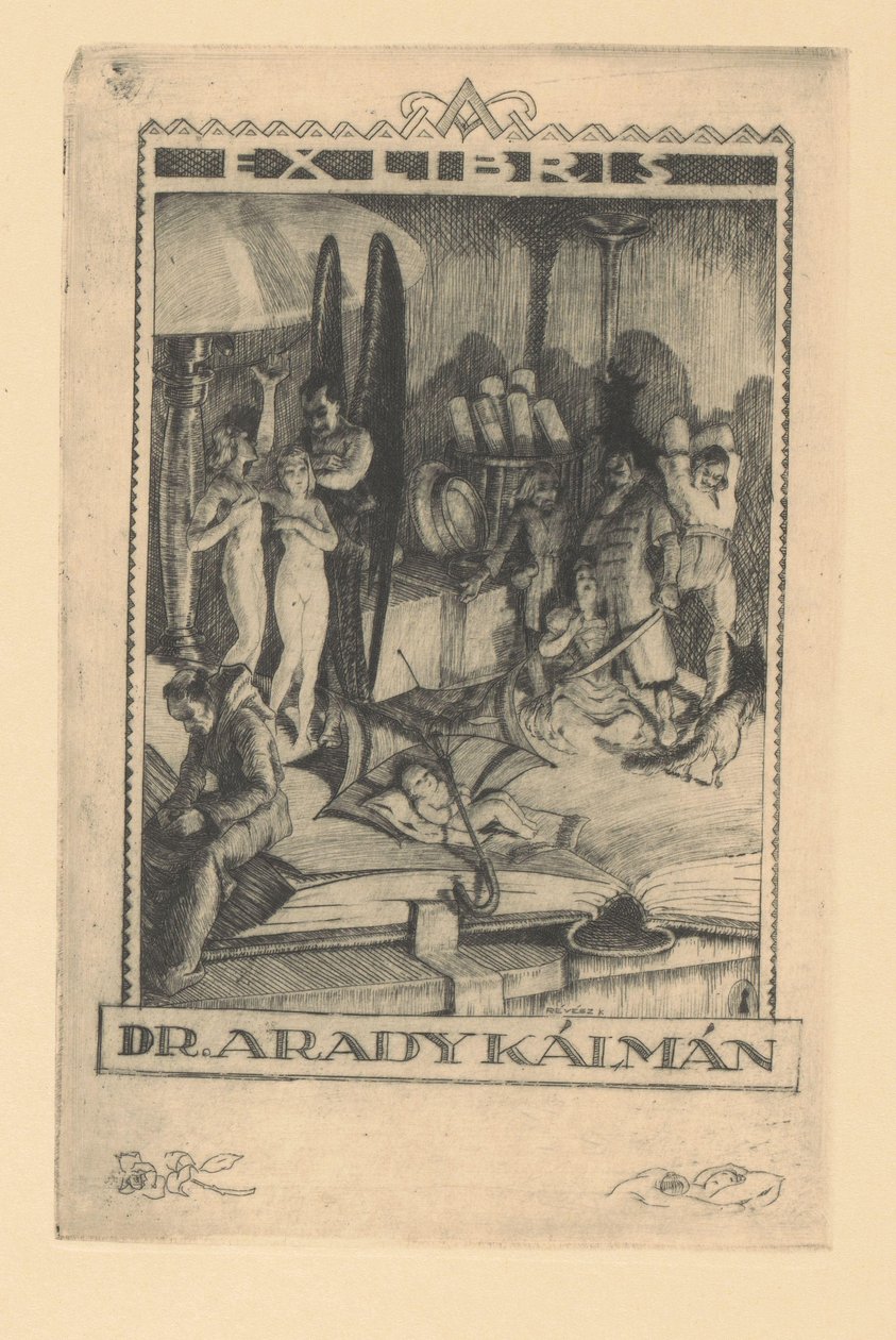 Kálmán Arady má ex libris Ex libris dr. Kálmán Arady (titul na objektu) od Kornél Révész