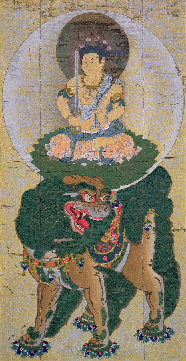 Bódhisattva Manjushri jedoucí na lvu dýchajícím páru, ilustrace po kakemono z jedenáctého století z chrámu Kozan-Ji v Yamashiro, publikované v časopise The Kokka, květen 1904 ( od Kose no Hirotaka