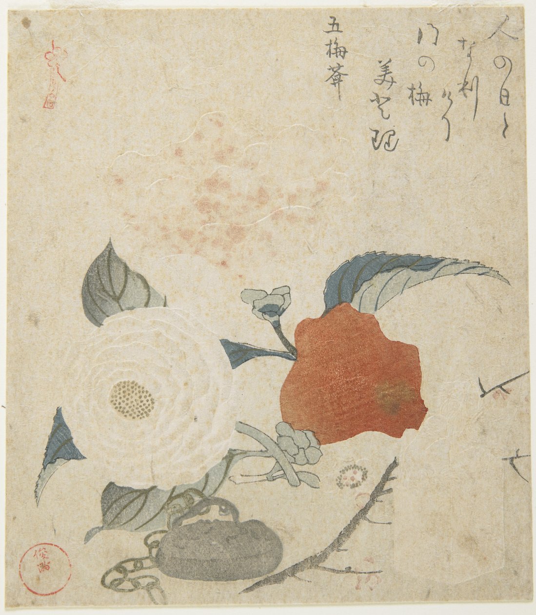 (Švestková ratolest, květ pivoňky a kovová pečeť), 1816 od Kubo Shunman