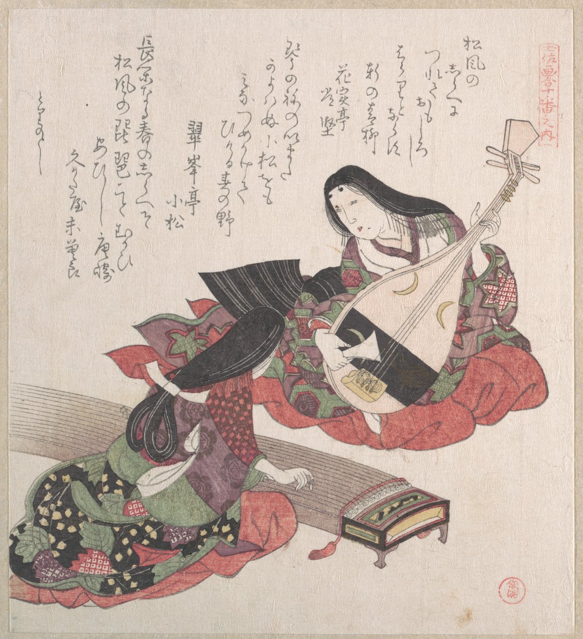 Dvě dámy; jedna hraje na biwu (japonskou loutnu) a druhá na koto (japonskou harfu) od Kubo Shunman