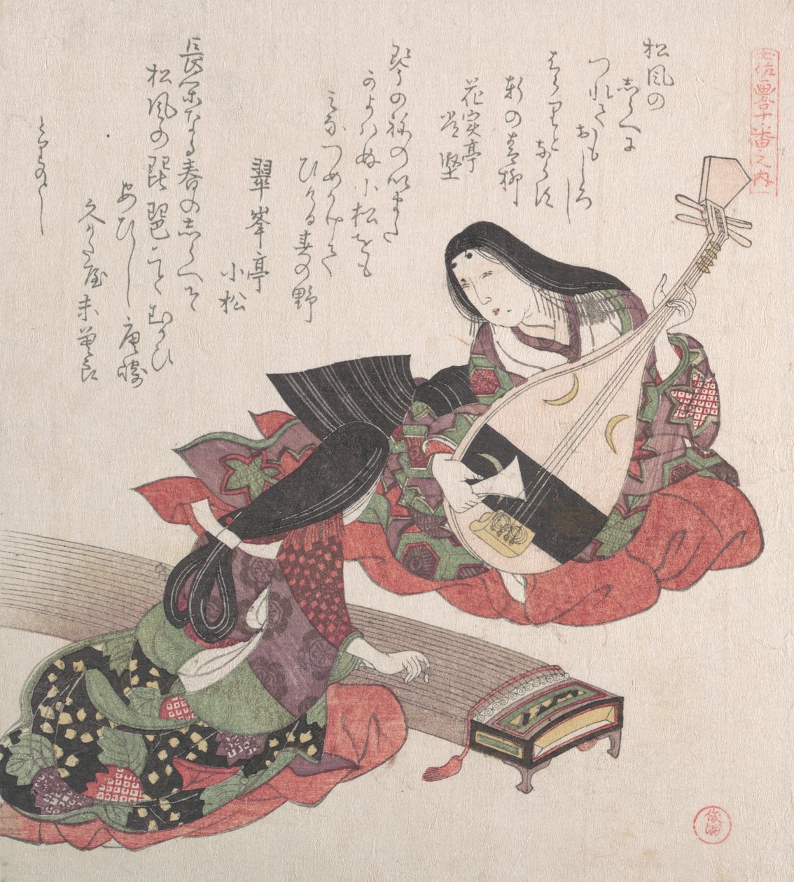 Dvě dámy, jedna hraje na japonskou loutnu Biwa a druhá, na Koto..., pravděpodobně 1815. od Kubo Shunman