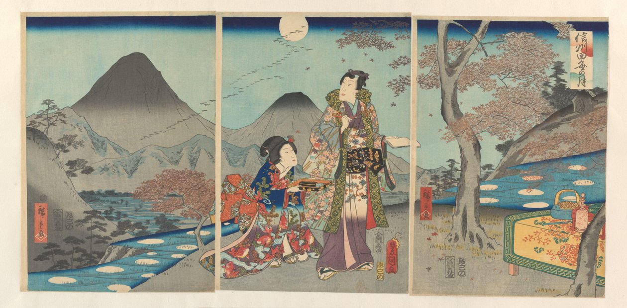 Měsíc se odráží v rýžových polích Shinano Shinshû tagoto no tsuki (název na objektu) od Kunisada (II) , Utagawa