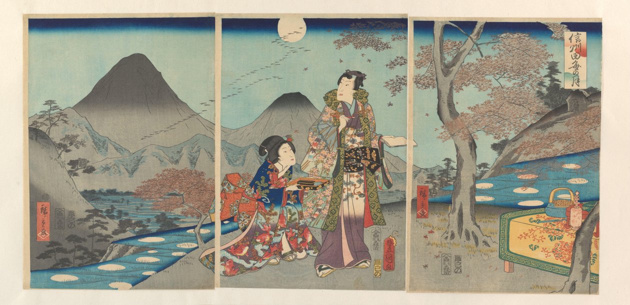 Měsíc se odráží v rýžových polích Shinano Shinshû tagoto no tsuki (název na objektu) od Kunisada (II) , Utagawa