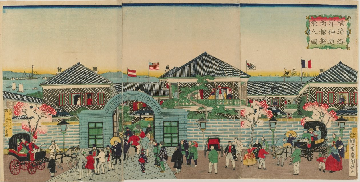 Obraz prosperity obchodních podniků podél Nakadouri na Jokohamě, éra Meidži, 1870 (barevný dřevoryt) od Kuniteru II Utagawa