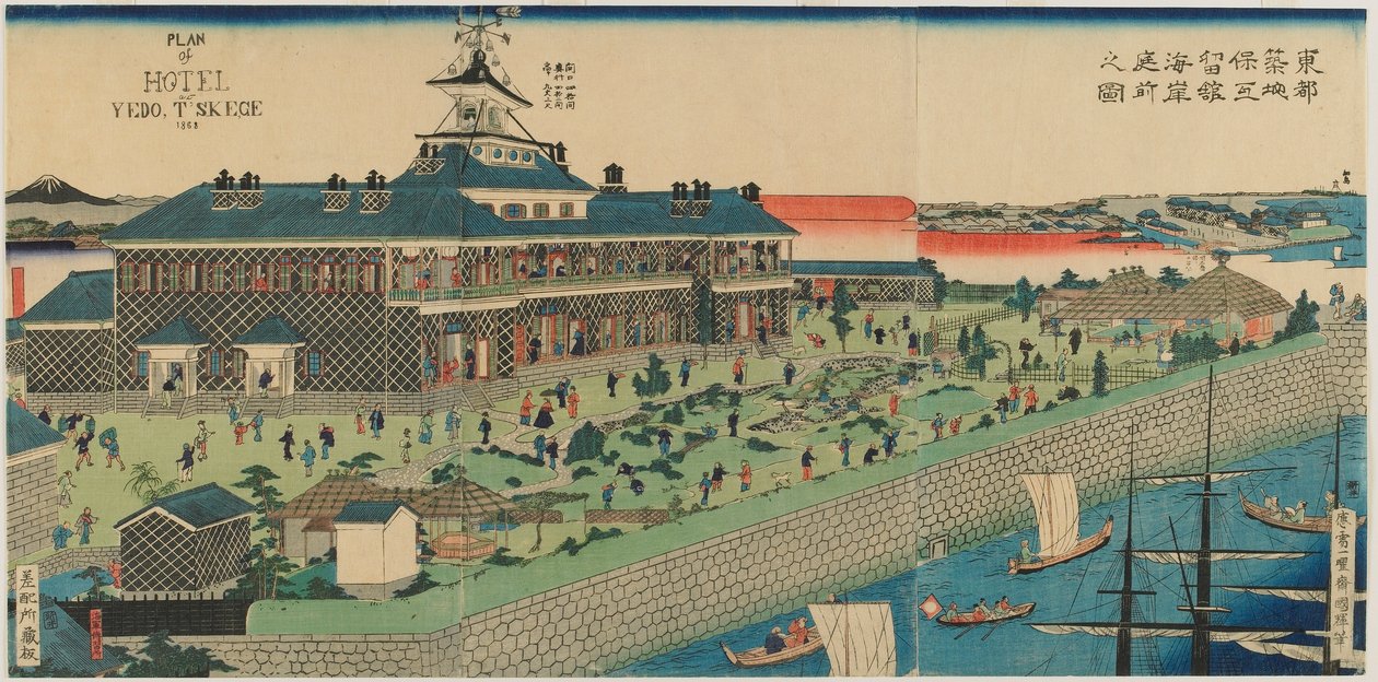 Přímořská zahrada hotelu Tsukiji ve východním hlavním městě, éra Meidži, 1868 (barevný dřevotisk) od Kuniteru II Utagawa