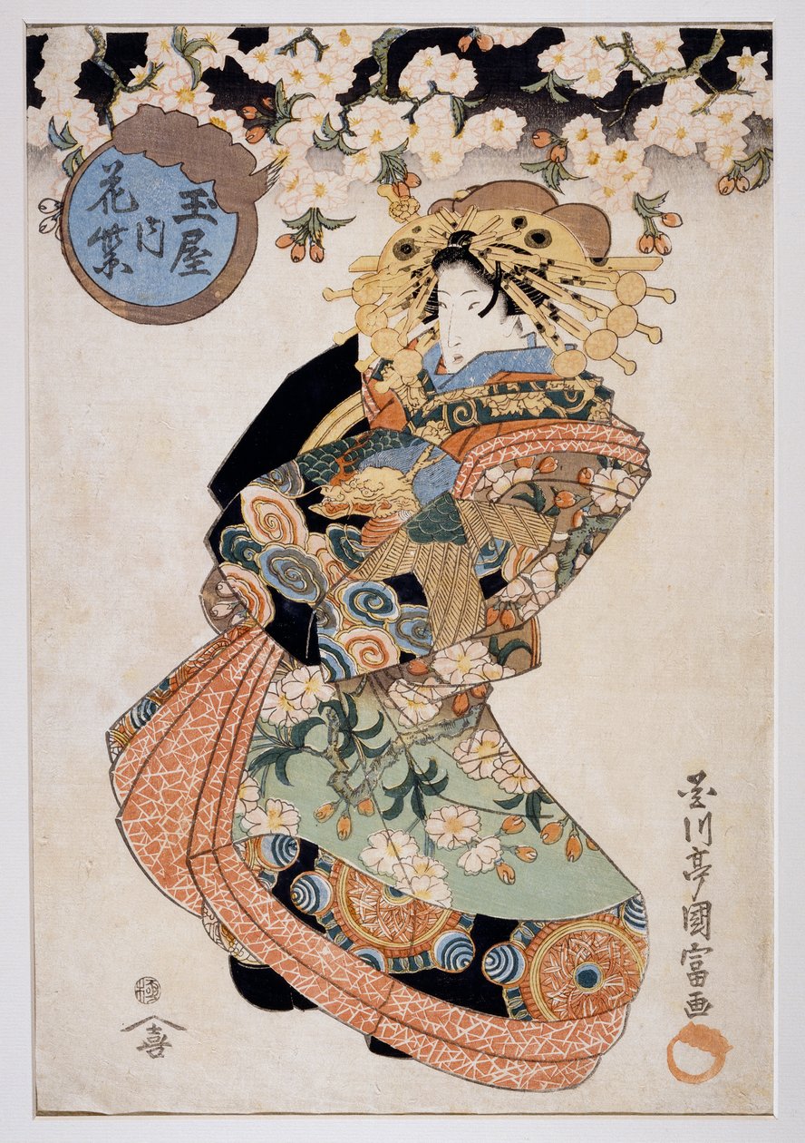 Kurtizána Hanamurasaki z čajovny Tamaya, ca 1830, umělecký tisk Ukiyo-e od Utagawy Kunitomi (aktivní 1810-1830), dřevoryt Oban-tate-e, 38,2x26,5 cm, japonská civilizace od Kunitomi Utagawa