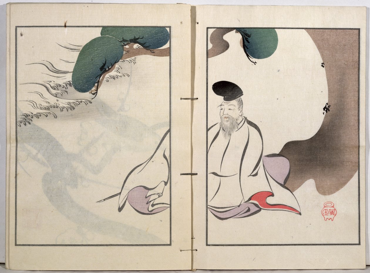 An Old Man Meditating, ze sbírky uměleckých děl publikované Kobyashi Bunscichi v roce 1901 (barevný dřevořez) od Kurokawa Yasusada Kigyoku