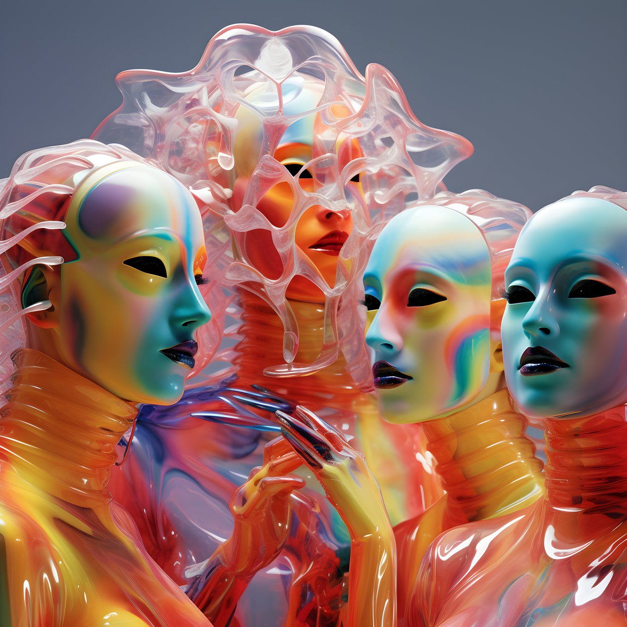 6 naista 3D-parametrisilla fluoresoivilla muovinaamioilla surrealistisessa ja parametrisessa tulevaisuuden arkkitehtuurissa, 2 od Kurt Heppke