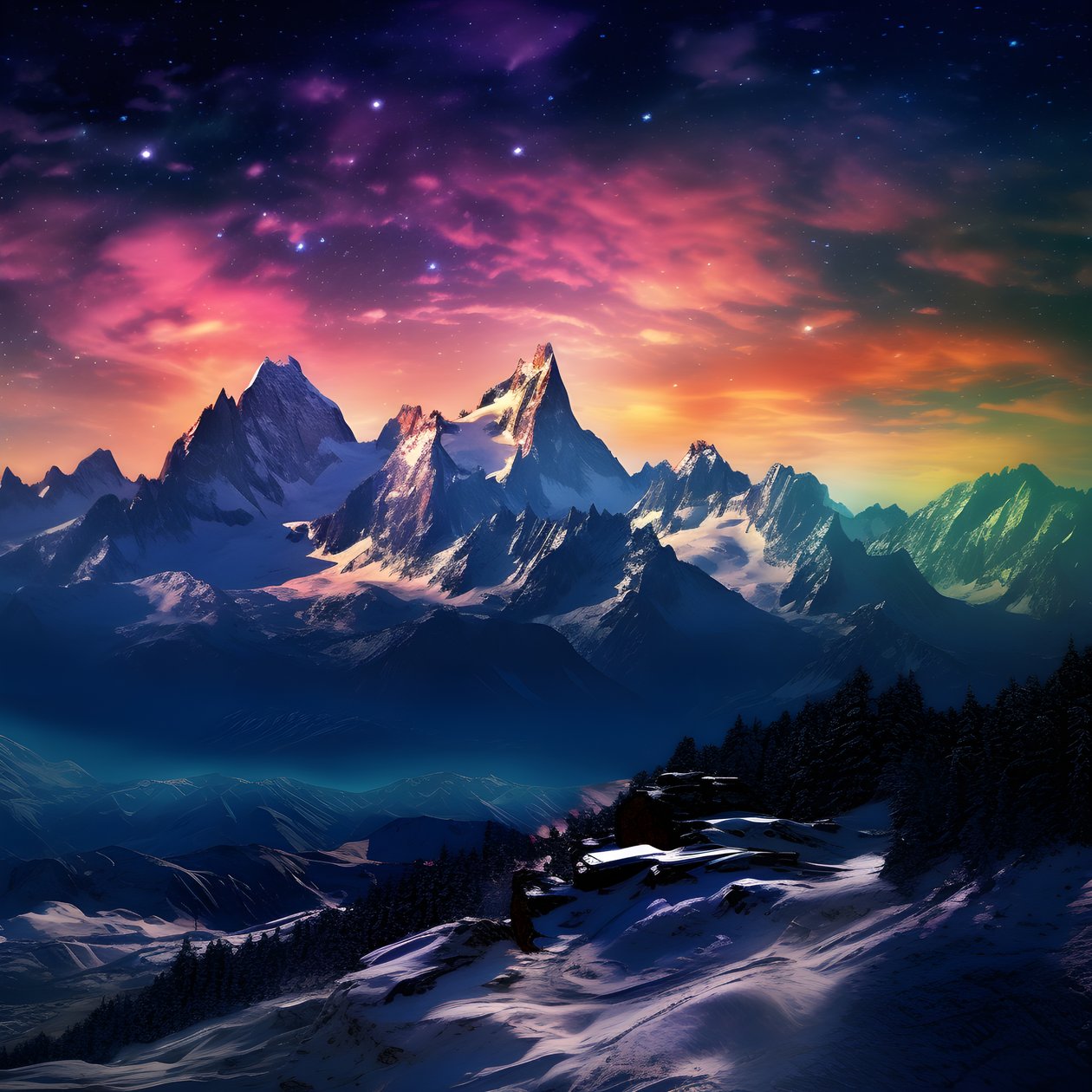 Zasněžené vrcholky Alp září v noci jako duha 1 od Kurt Heppke
