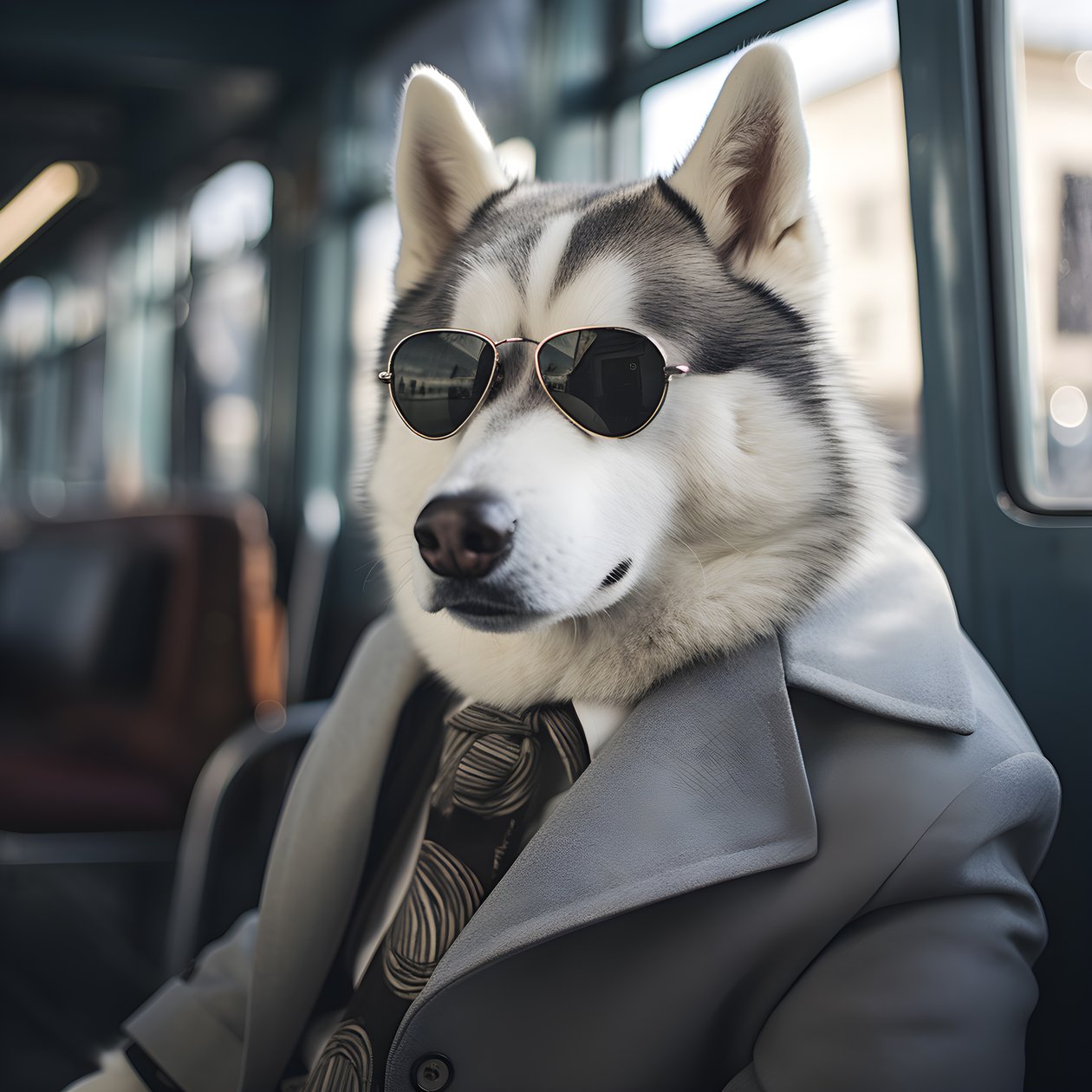 Sibiřský husky pes v obleku a slunečních brýlích na autobusovém nádraží, jako gentleman 1 od Kurt Heppke