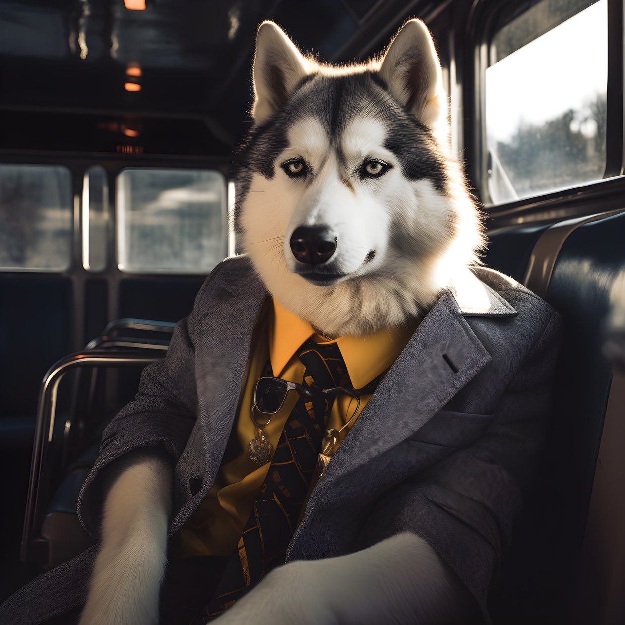 Siperianhusky-koira puvussa ja aurinkolaseissa linja-autoasemalla, kuin herrasmies 4 od Kurt Heppke