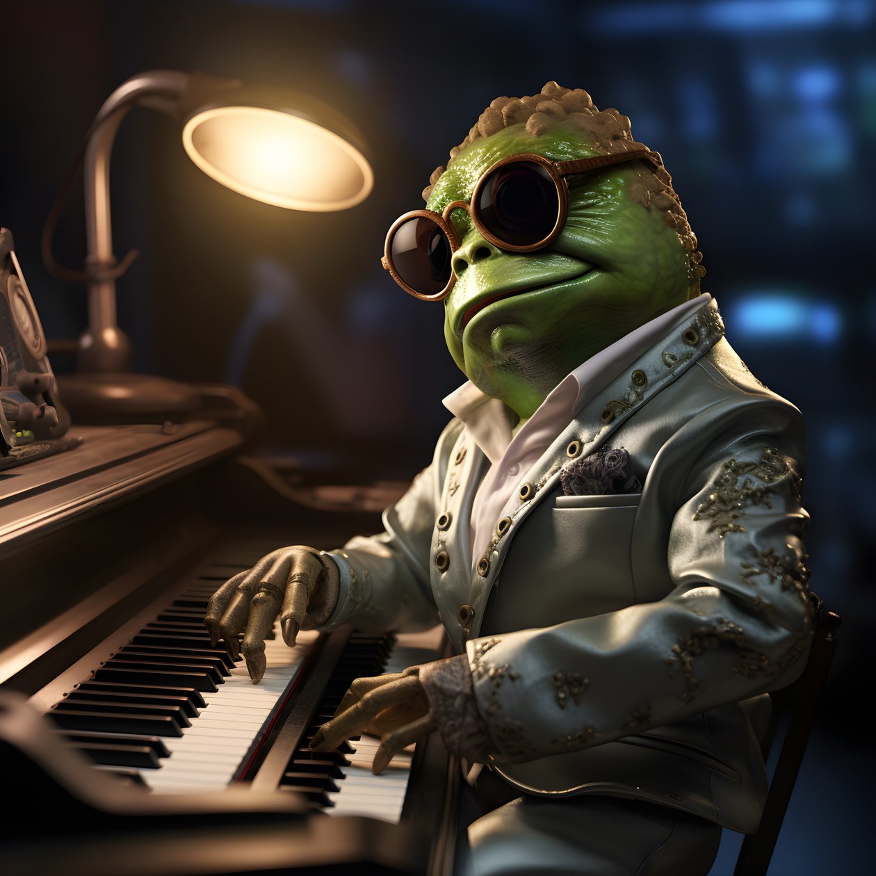 Elton John jako žába se slunečními brýlemi a klavírem 1 od Kurt Heppke