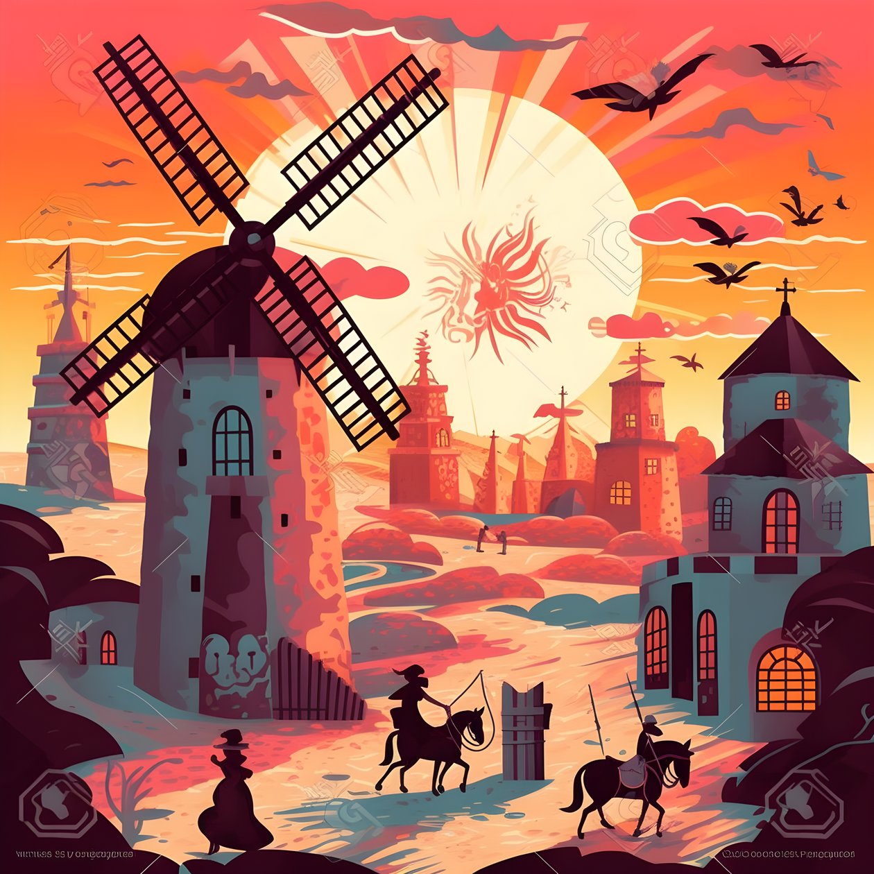 Pozadí Don Quijote zcela vpravo na svém oslu malém jako stín, před větrnými mlýny, vhodné pozadí 2 od Kurt Heppke