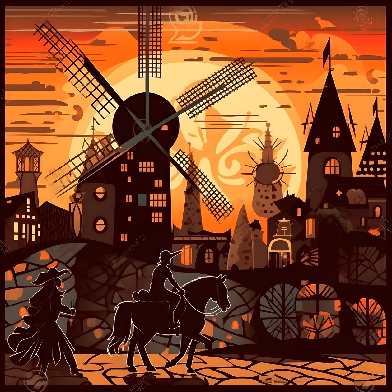 Pozadí Don Quijote zcela vpravo na svém oslu malém jako stín, před větrnými mlýny, vhodné pozadí 4 od Kurt Heppke