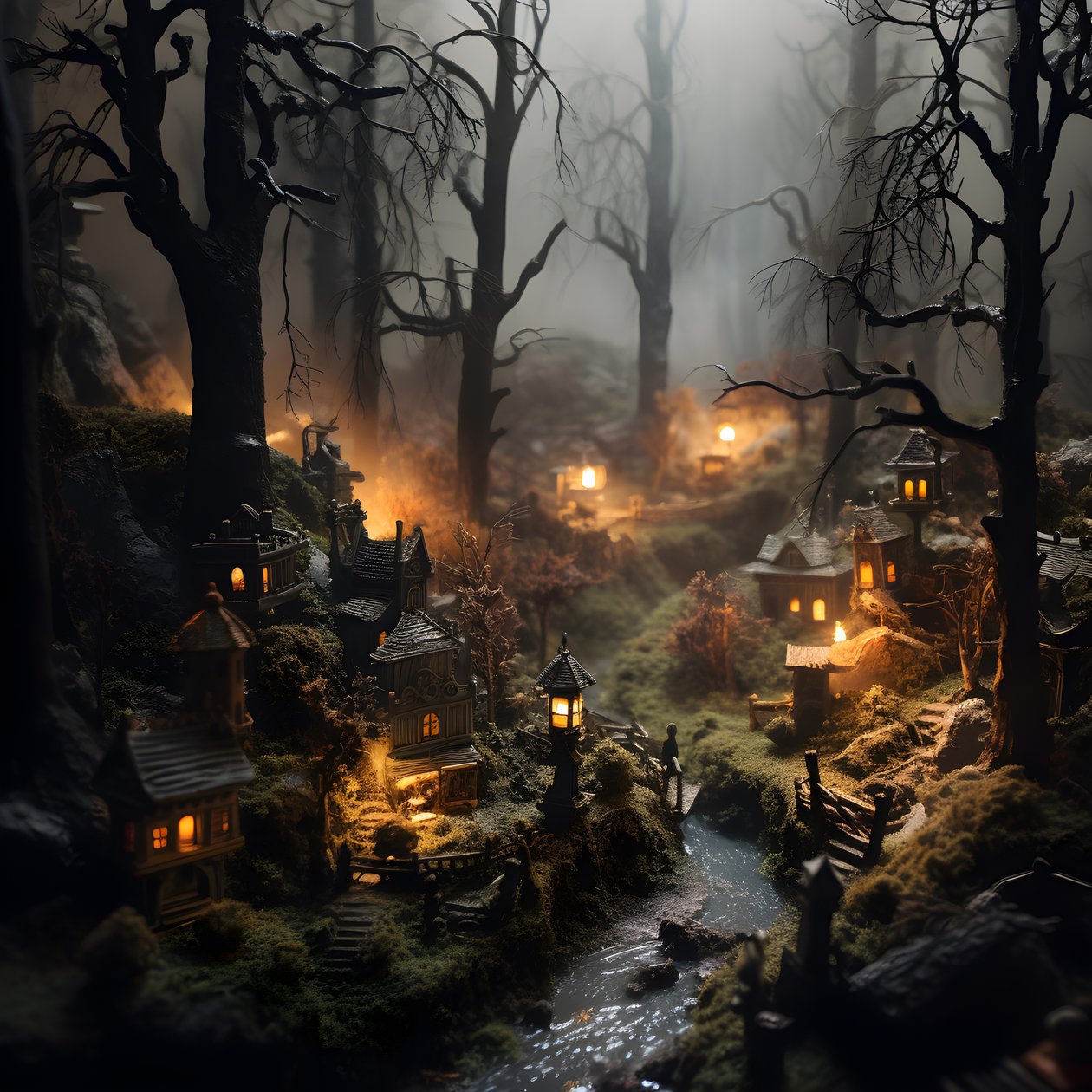 Miniaturní tilt-shift halloweenský les se zamlženými stromy a strašidelnou atmosférou 2 od Kurt Heppke