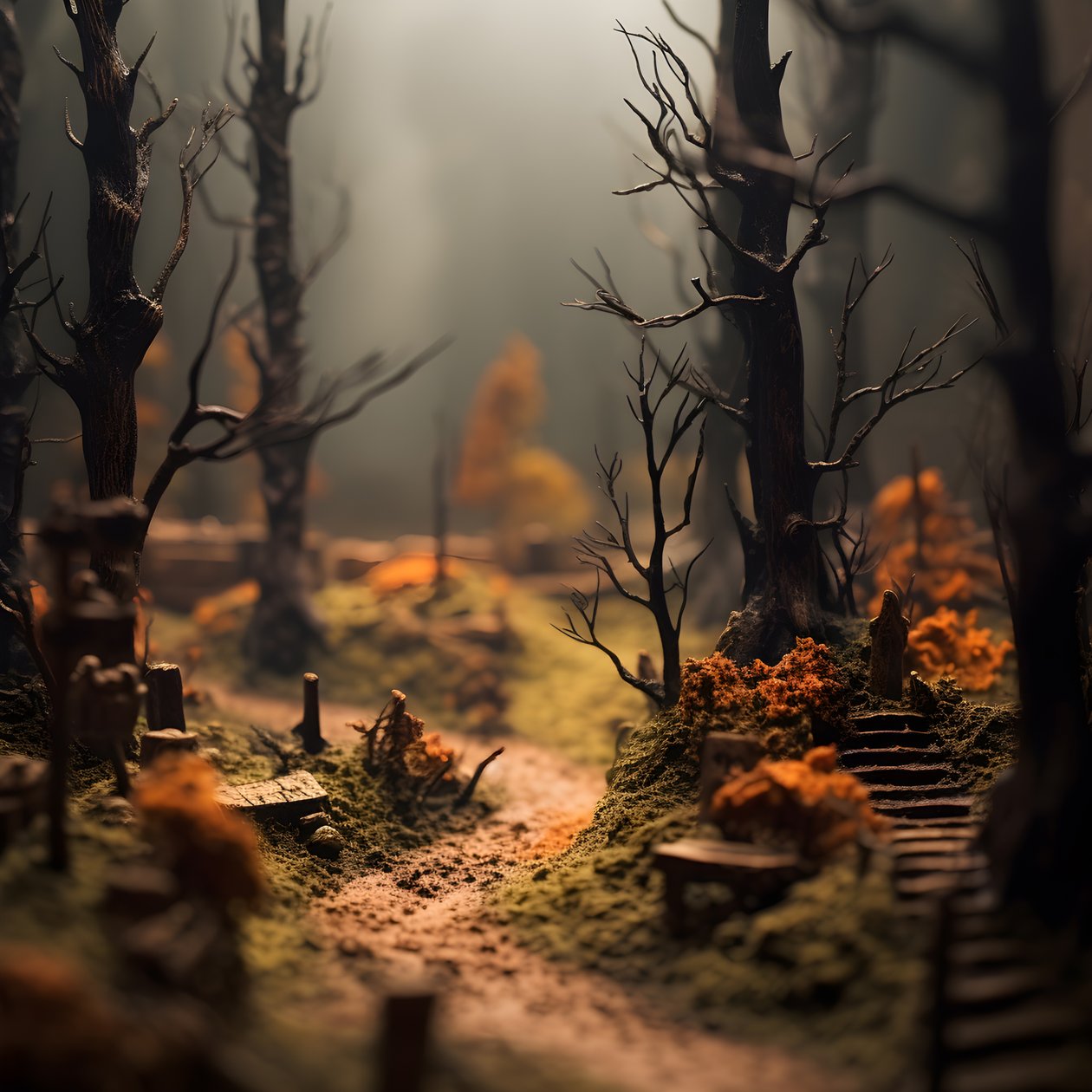 Miniaturní tilt-shift halloweenský les se zamlženými stromy a strašidelnou atmosférou 3 od Kurt Heppke