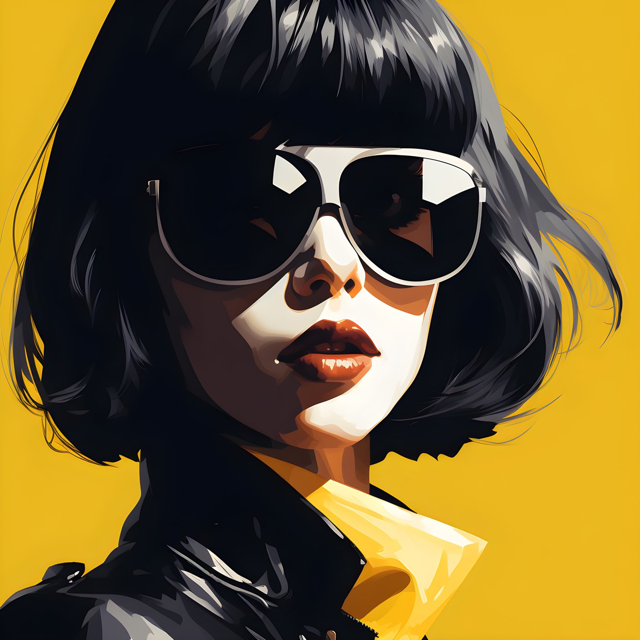 ilustrace dívky ve žlutých slunečních brýlích s vlasy na obličeji a s ušima ve stylu film noir esthetic 3 od Kurt Heppke
