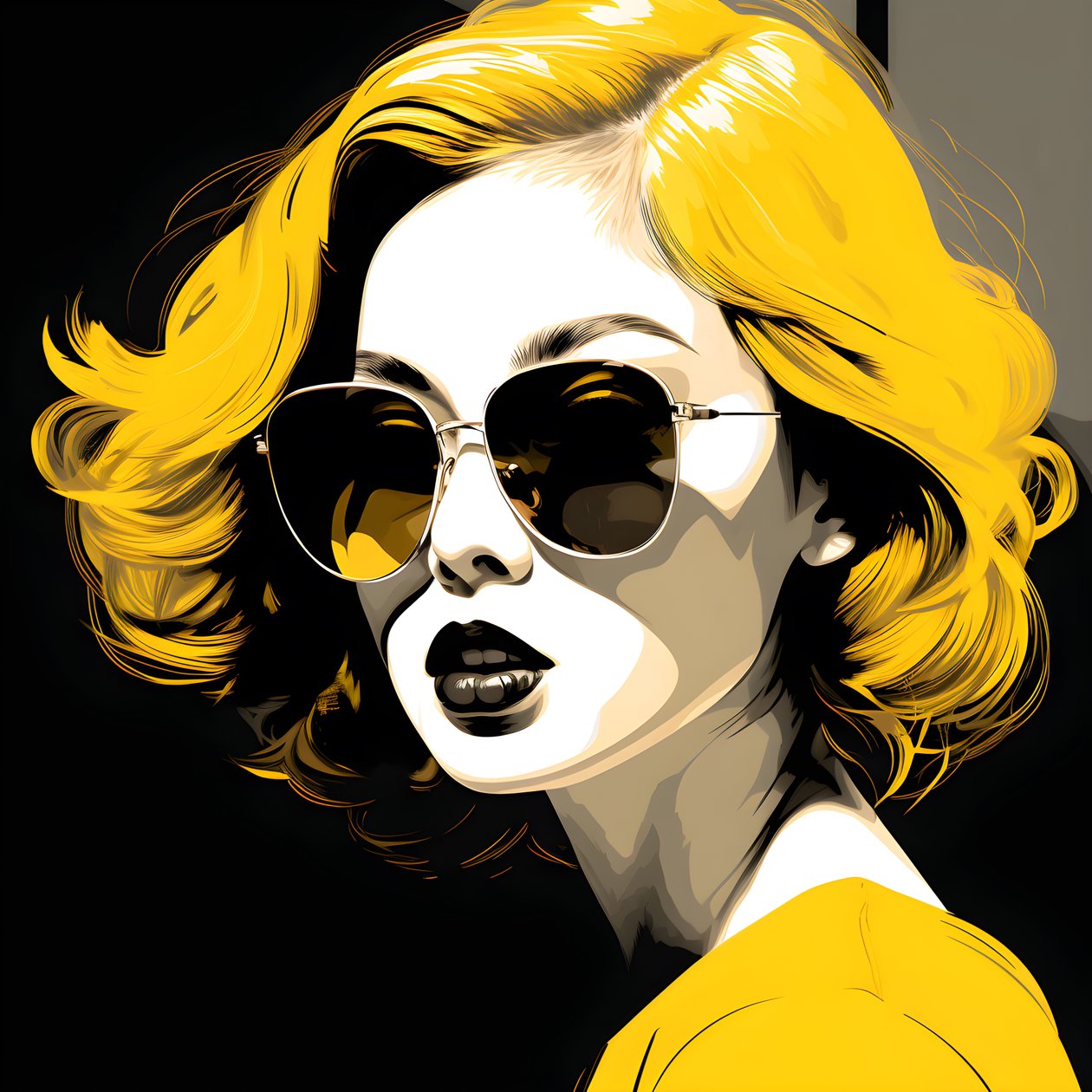 ilustrace dívky ve žlutých slunečních brýlích s vlasy na obličeji a s ušima ve stylu film noir estetiky 4 od Kurt Heppke