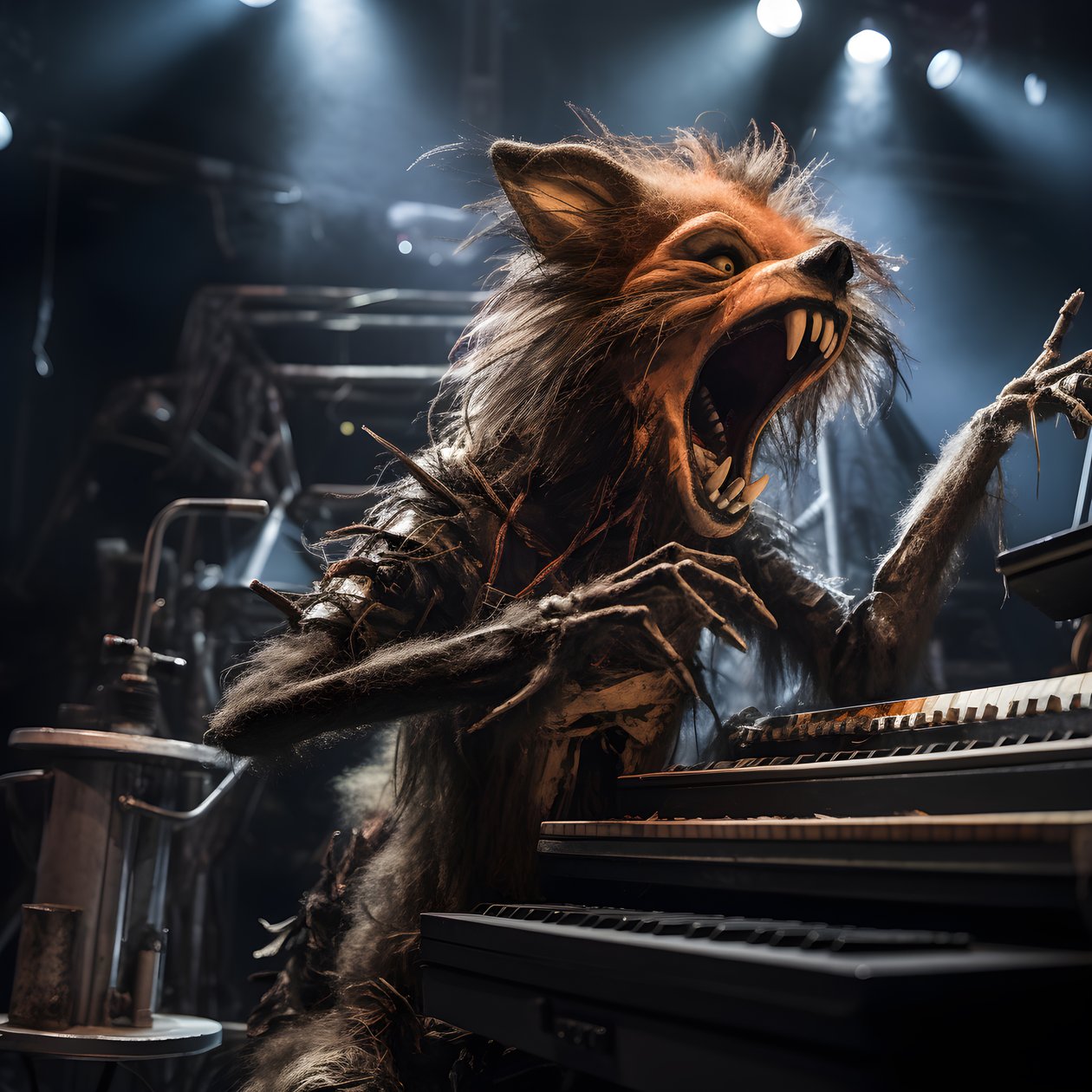 kammottava, karvainen, rikkinäinen eläinanimatroniikka, joka esittää musiikkia lavalla 2 od Kurt Heppke