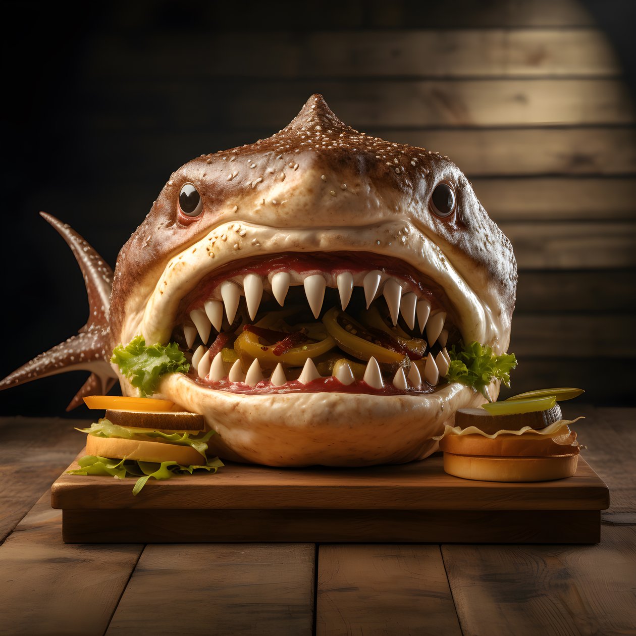 velký cheeseburger se žraločí hlavou s hovězím masem na dřevěné desce 2 od Kurt Heppke