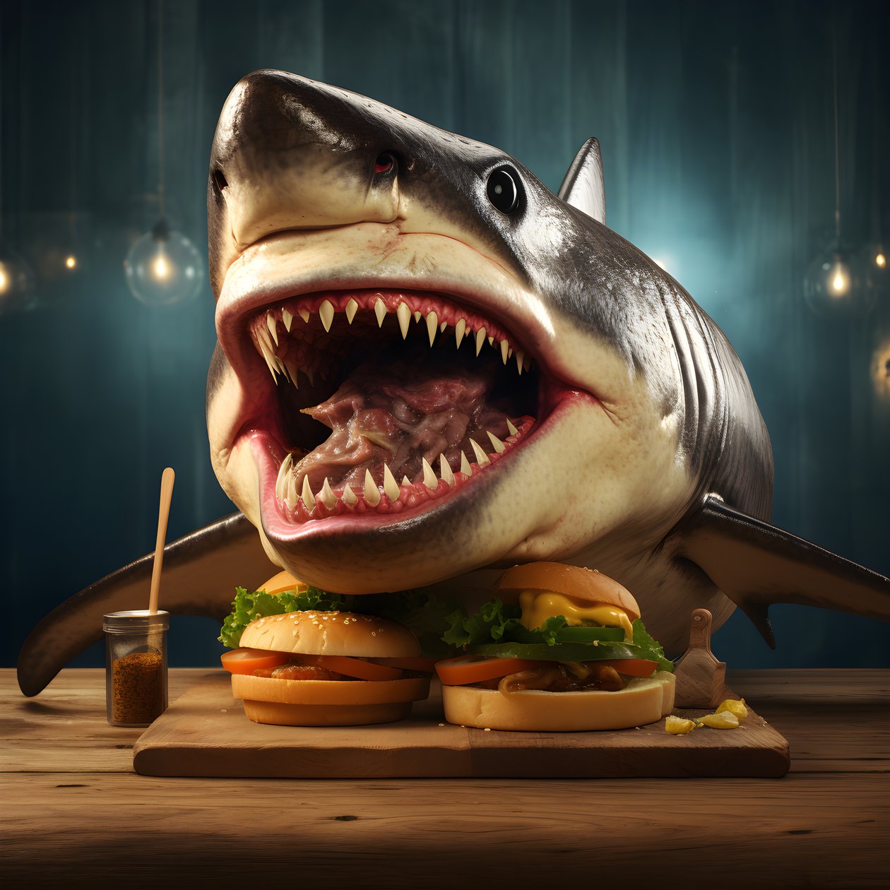 velký cheeseburger se žraločí hlavou s hovězím masem na dřevěné desce 3 od Kurt Heppke