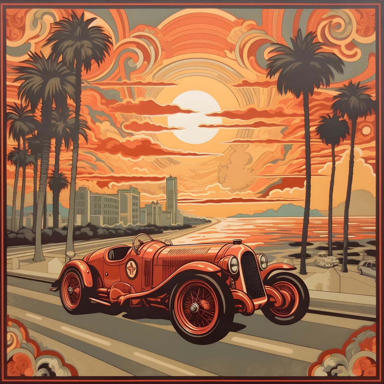 krásné, elegantní, minimalistické, prošívané mistrovské dílo v uměleckém stylu Sheparda Fairey::1 připomínající Grand Prix Monaka v roce 1940, historické závodní vozy, které mezi sebou soutěží. 1 od Kurt Heppke