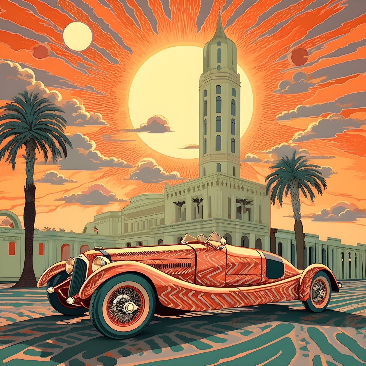 krásné, elegantní, minimalistické, prošívané mistrovské dílo v uměleckém stylu Sheparda Fairey::1 připomínající Grand Prix Monaka v roce 1940, historické závodní vozy, které mezi sebou soutěží. 2 od Kurt Heppke
