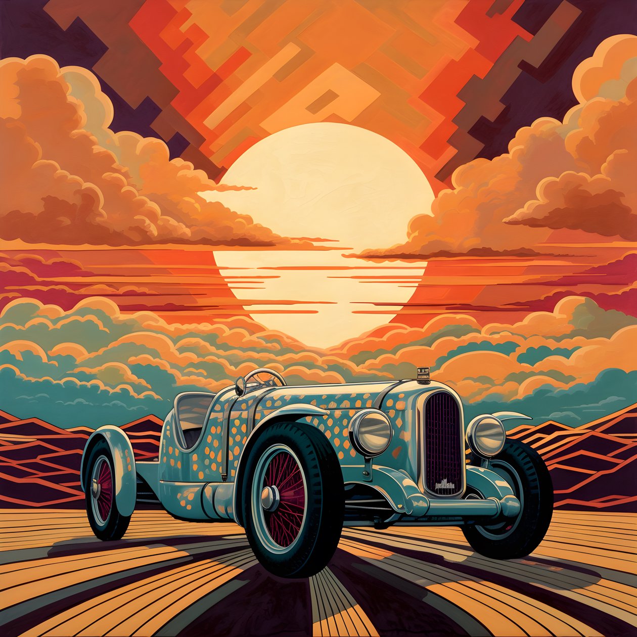 krásné, elegantní, minimalistické, prošívané mistrovské dílo v uměleckém stylu Sheparda Fairey::1 připomínající Grand Prix Monaka v roce 1940, historické závodní vozy, které mezi sebou soutěží. 3 od Kurt Heppke
