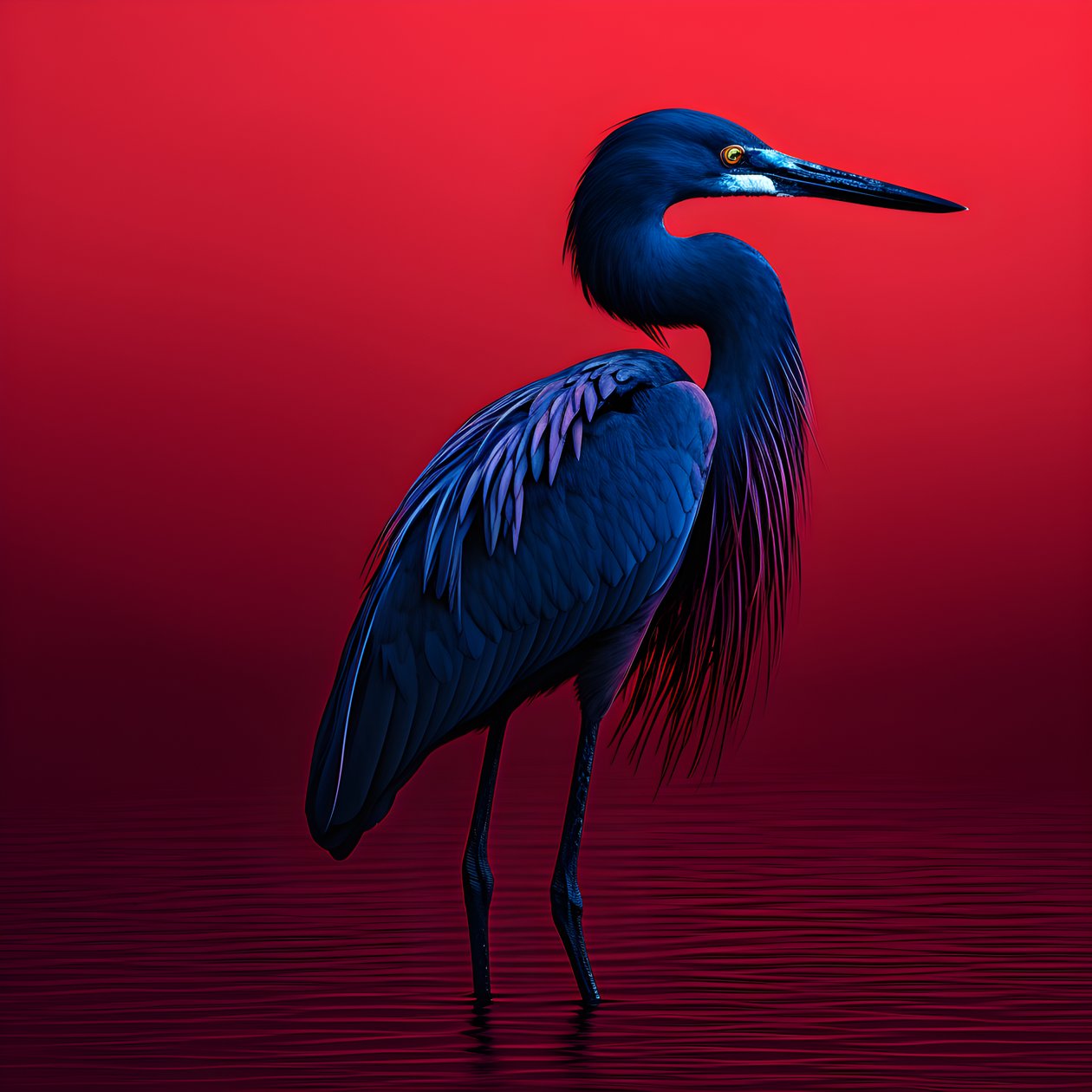 digitální výtvarné umění synthwave exotické kobaltově modré volavky na červeném papíře 3 od Kurt Heppke