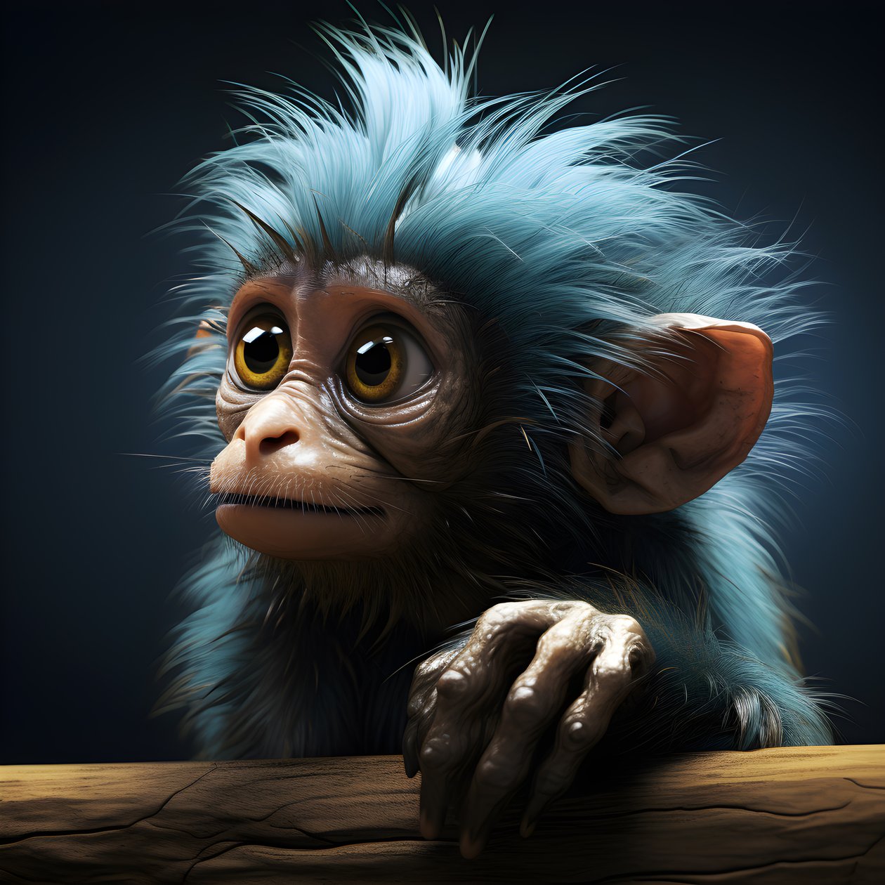 toto je kresba opice joey s okem ve stylu emotivních surrealistických studií postav, kolorované, zádumčivé pózy, topcor 58mm f/1.4, ilustrace připomínající karikaturu, #vfxfriday, solarizační mistr 1 od Kurt Heppke