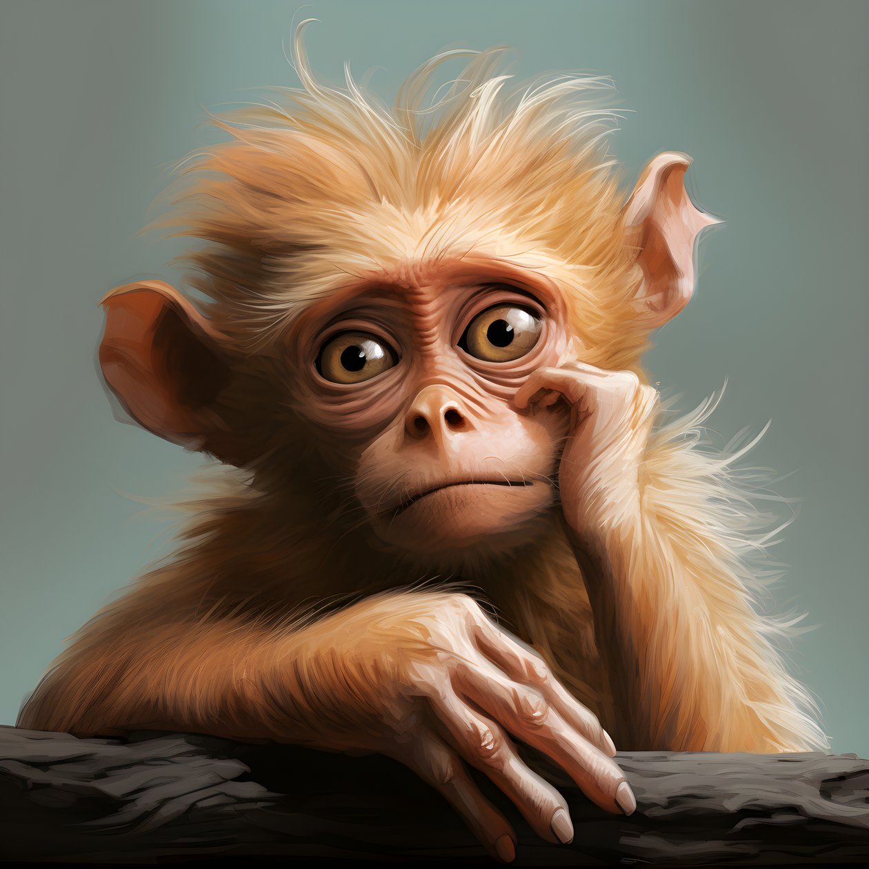 toto je kresba opice joey s okem ve stylu emotivních surrealistických studií postav, kolorované, zádumčivé pózy, topcor 58mm f/1.4, ilustrace připomínající karikaturu, #vfxfriday, solarizační mistr 2 od Kurt Heppke
