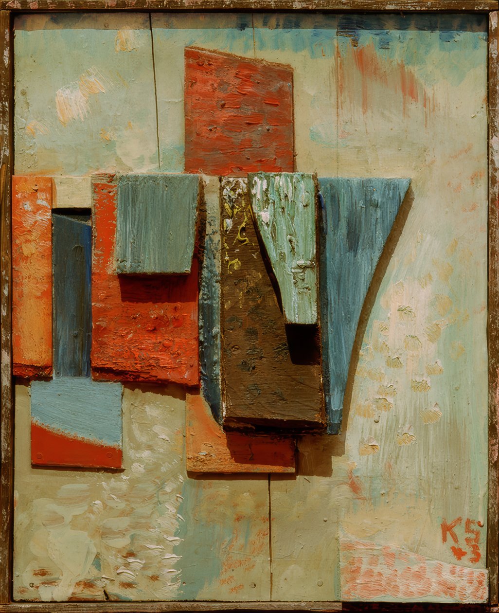 Barevné dřevěné konstrukce od Kurt Schwitters