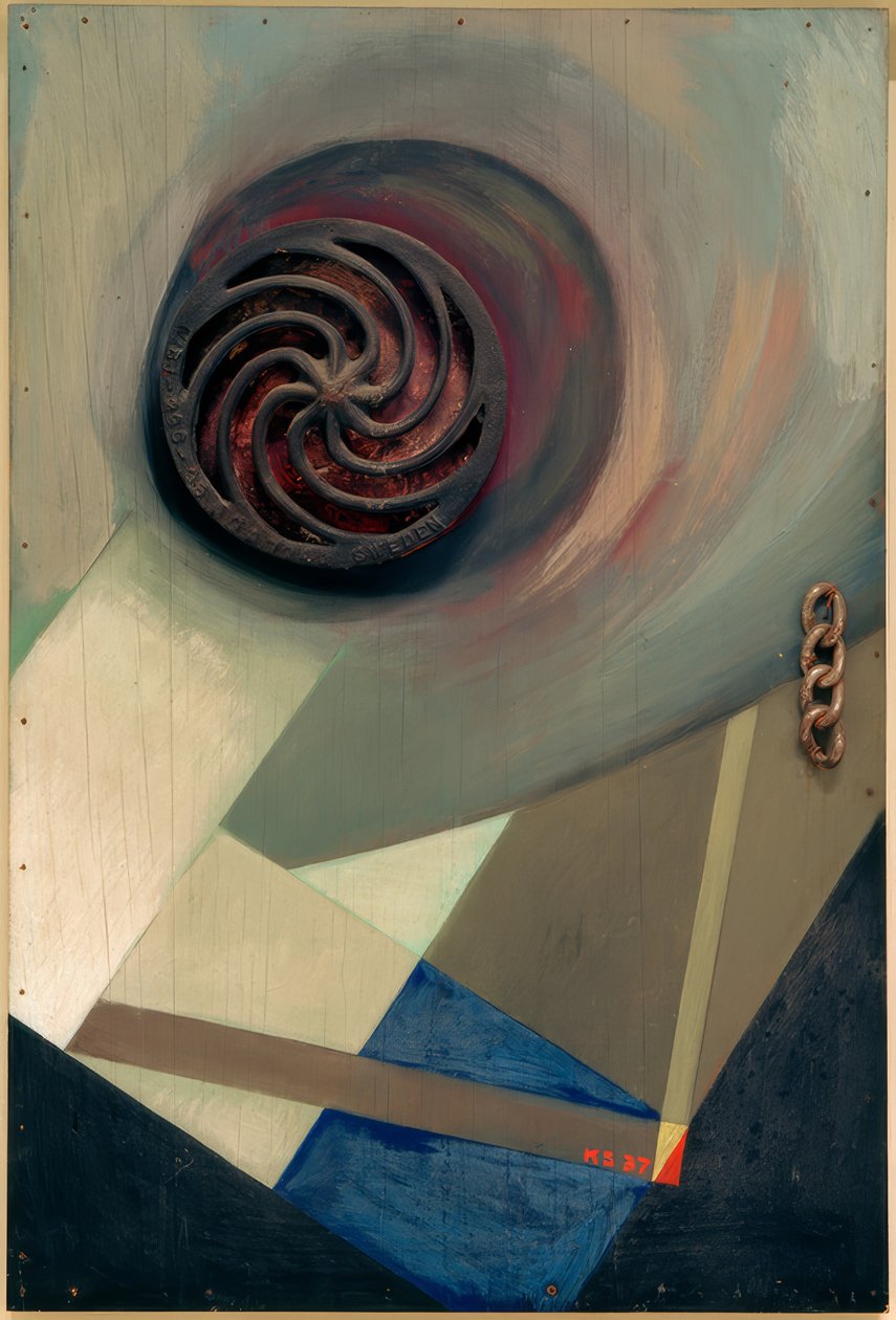 Merz obrázek s řetězem od Kurt Schwitters