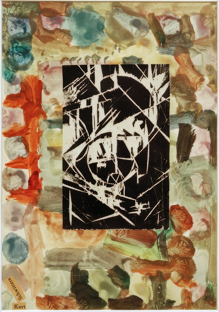 Bez názvu (koláž s dřevorytem na abstraktní malbě) od Kurt Schwitters