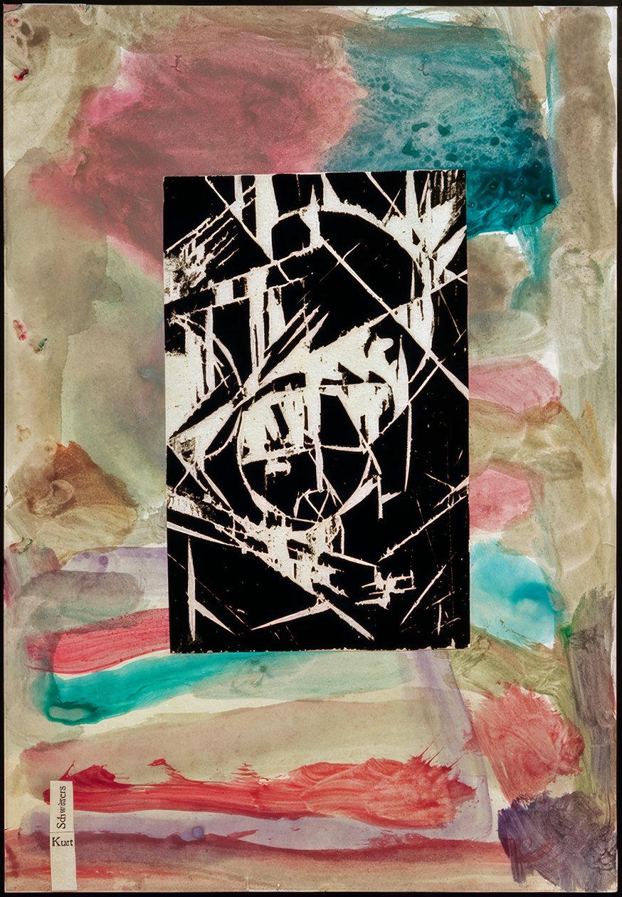Bez názvu (koláž s dřevorytem na abstraktní malbě) od Kurt Schwitters