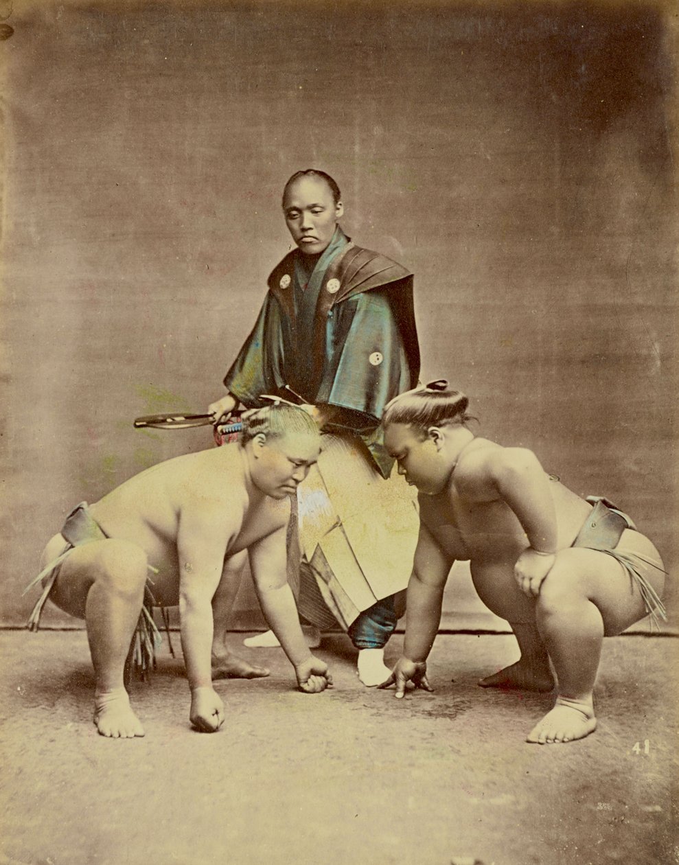 Sumo Wrestlers, cca 1880 (ručně kolorovaný tisk z bílků) od Kusakabe Kimbei