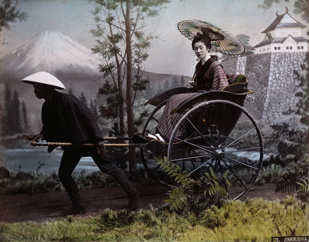 Mladá Japonka v rikši, kolem roku 1890 (barevné foto) od Kusakabe Kimbei