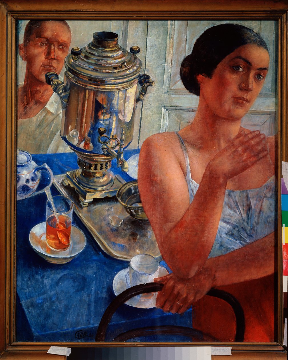 Kolem samovaru. (Scéna každodenního života, pár si dává čaj). Obraz Kuzmy Sergejeviče Petrov Vodkin (Petrov-Vodkin) (Kouzma Petrov Vodkin) (Petrov-Vodkin) (1878-1939), olej na plátně od Kuzma Sergeevich Petrov Vodkin