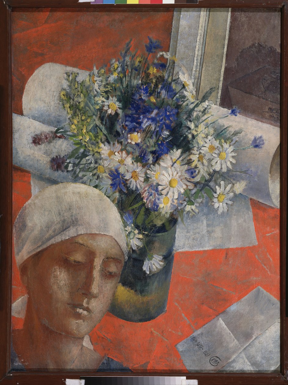 Květiny a ženská hlava. Malba Kuzmy Sergejeviče Petrova Vodkina (Petrov-Vodkin) (Kouzma Petrov Vodkin) (Petrov-Vodkin) (1878-1939), olej na plátně od Kuzma Sergeevich Petrov Vodkin