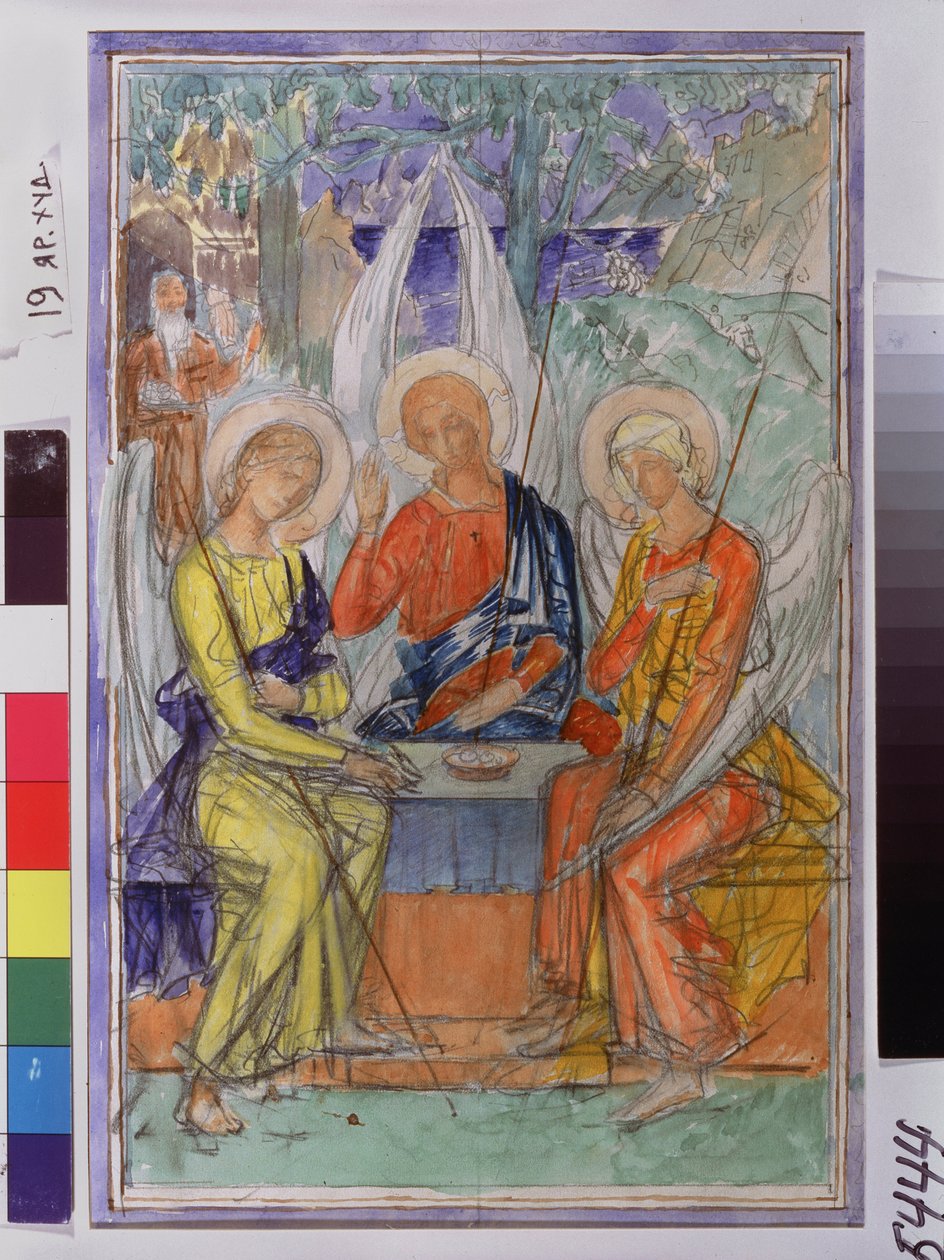 Nejsvětější Trojice. Znázornění tří andělů, kteří se zjevili Abrahamovi poblíž Chene de Mambre. Dílo Kuzmy Sergejeviče Petrova Vodkina (Petrov-Vodkin) (Kouzma Petrov Vodkin) (Petrov-Vodkin) (1878-1939), akvarel na papíře od Kuzma Sergeevich Petrov Vodkin