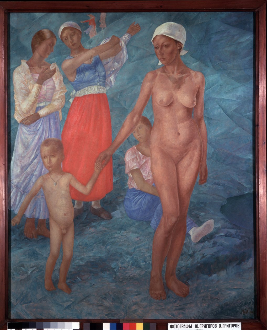 Ráno. Koupající se. (Ženy se oblékají za nahou matku a dítě). Obraz Kuzmy Sergejeviče Petrov Vodkin (Petrov-Vodkin) (Kouzma Petrov Vodkin) (Petrov-Vodkin) (1878-1939), olej na plátně od Kuzma Sergeevich Petrov Vodkin